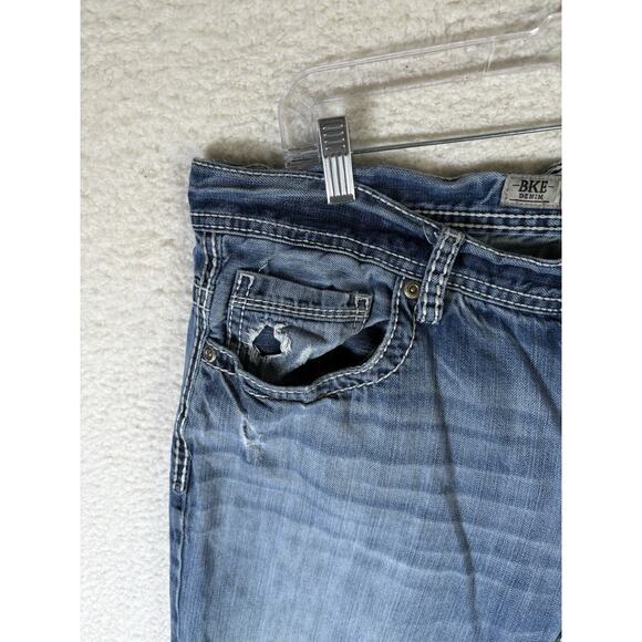 Buckle BKE Carter Jeans Mens 36R 36x31 Blue Straight Distressed Thick Stitch - Picture 5 of 16